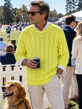 BROOKS BROTHERS Men's Neon Citron Yellow Linen Cable Knit Sweater, XXL